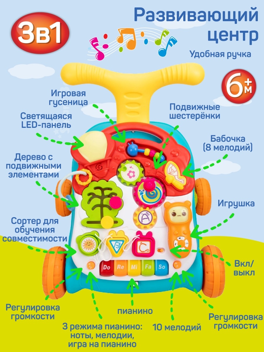 Ходунки детские ДЖАМБО Развивающий столик 3 в 1 свет звук - фото 2