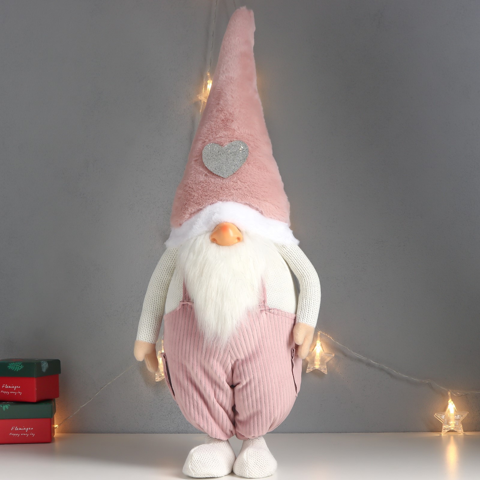 Кукла интерьерная Зимнее волшебство «Дед Мороз только нос в розовом вельветовом комбинезоне» 70х25х19 см - фото 1