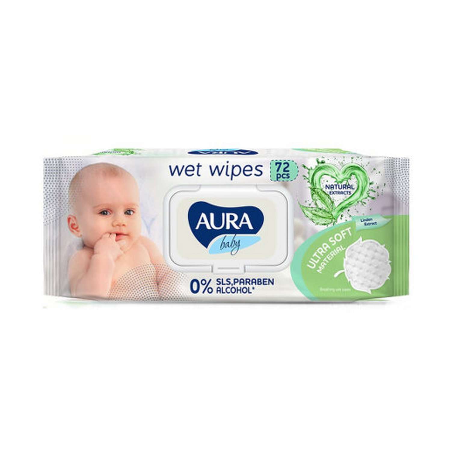 Влажные салфетки AURA Baby детские 0+ с ромашкой big-pack с крышкой 72 шт - фото 1