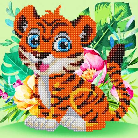 Алмазная мозаика Kiki Тигрёнок в джунглях 22*22 см Частичная выкладка