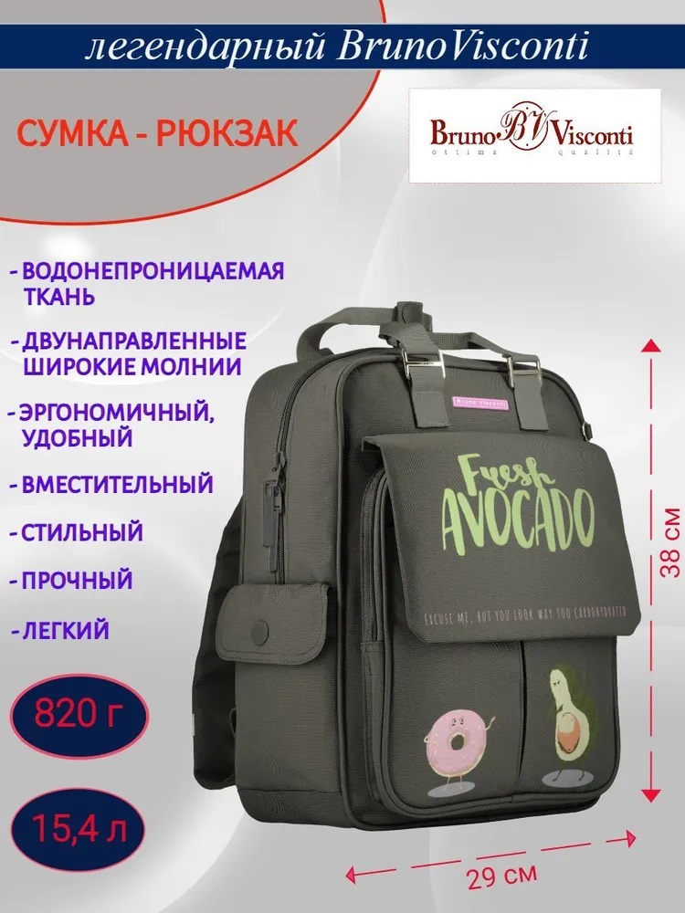 Сумка-рюкзак Bruno Visconti темно-серый Авокадо и Пончик - фото 1
