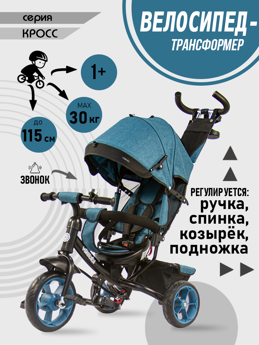 Велосипед трёхколесный Velobibi КРОСС Бирюзовый Колеса EVA - фото 2