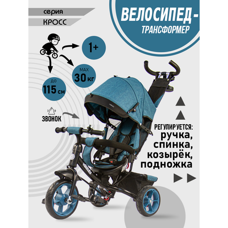 Велосипед трёхколесный Velobibi КРОСС Бирюзовый Колеса EVA