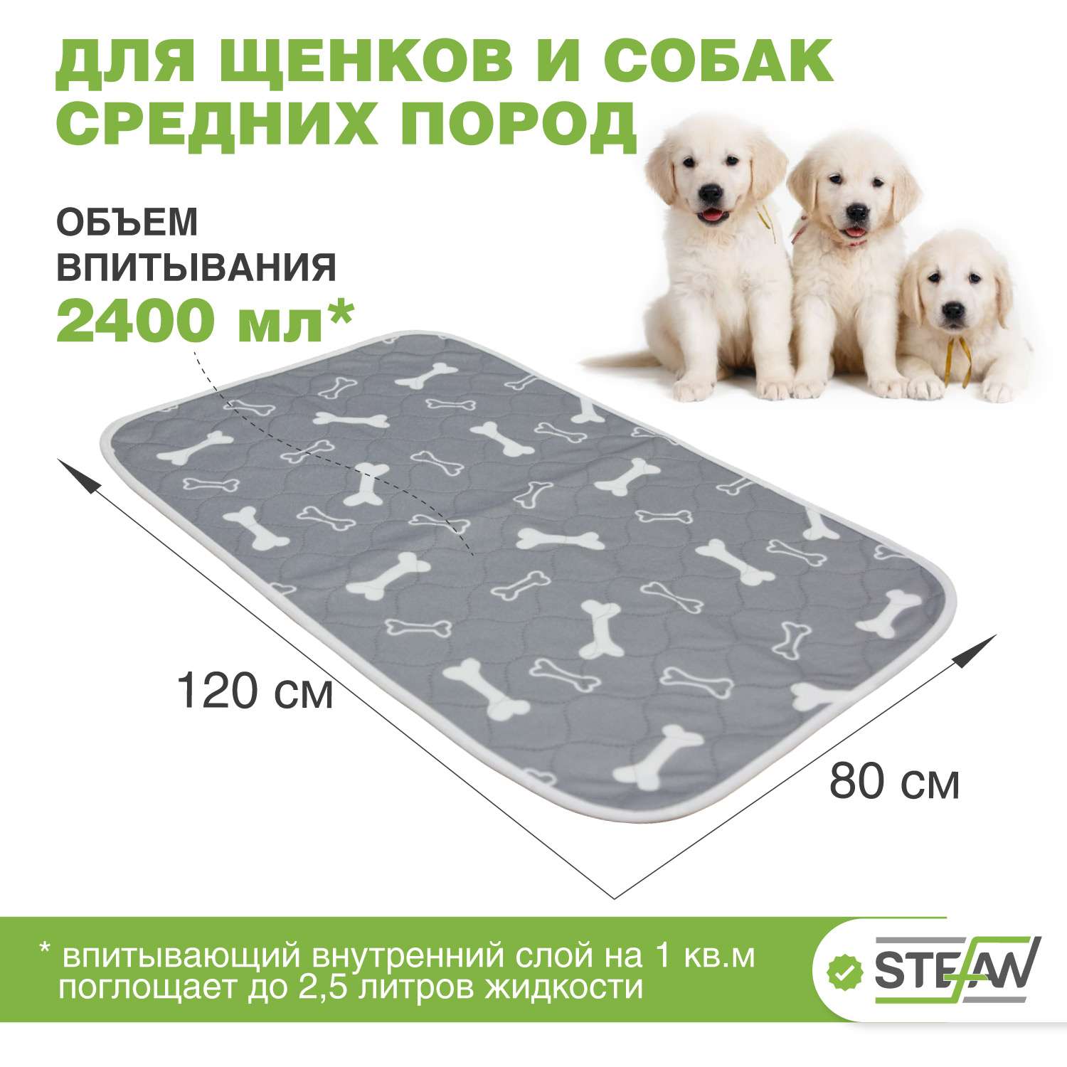 Пеленка для животных Stefan впитывающая многоразовая серая с принтом 80х120 см - фото 2