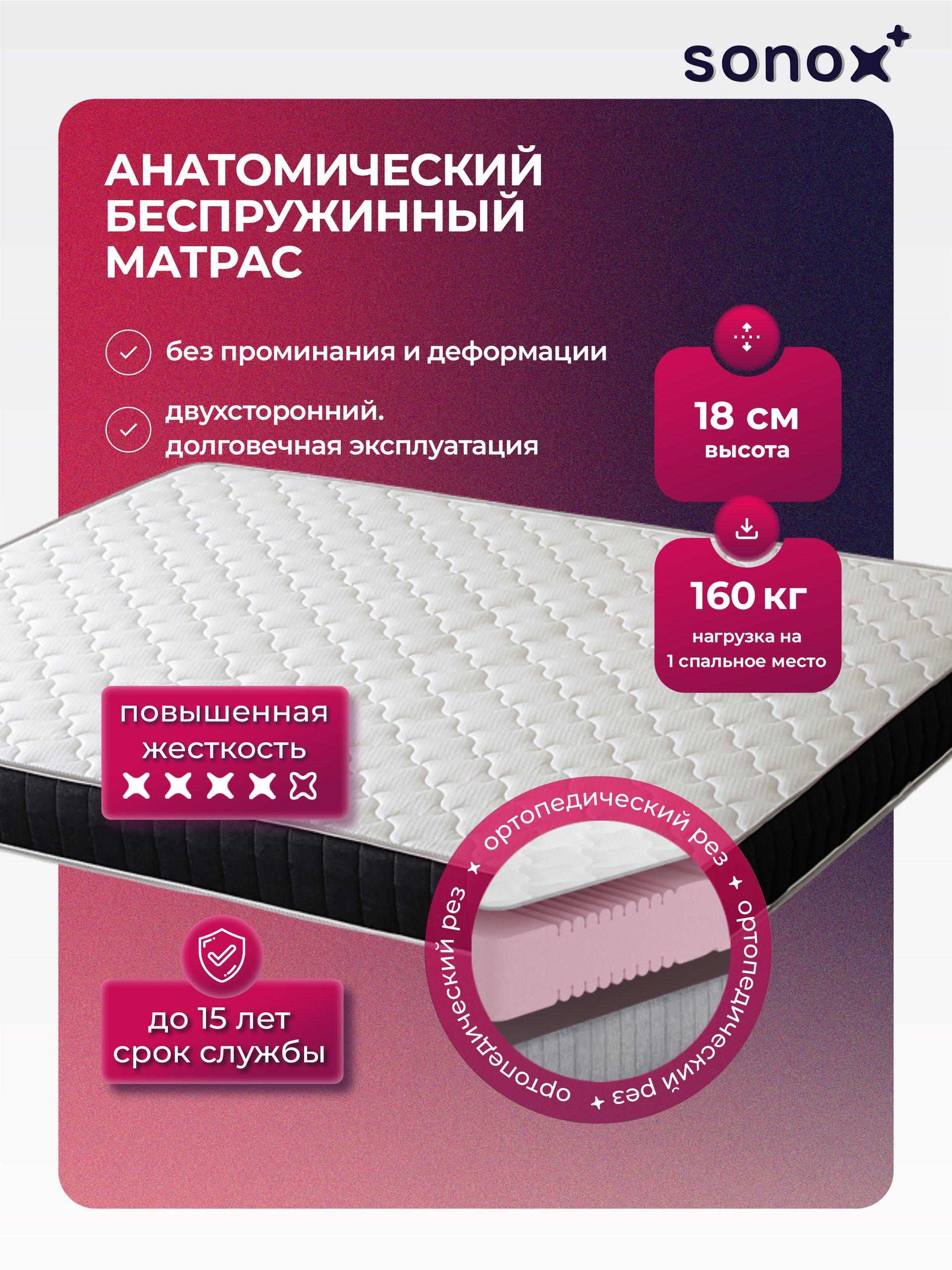 Матрас 120x200 SONOX Foam Multizone Hard беспружинный повышенная жесткость - фото 6