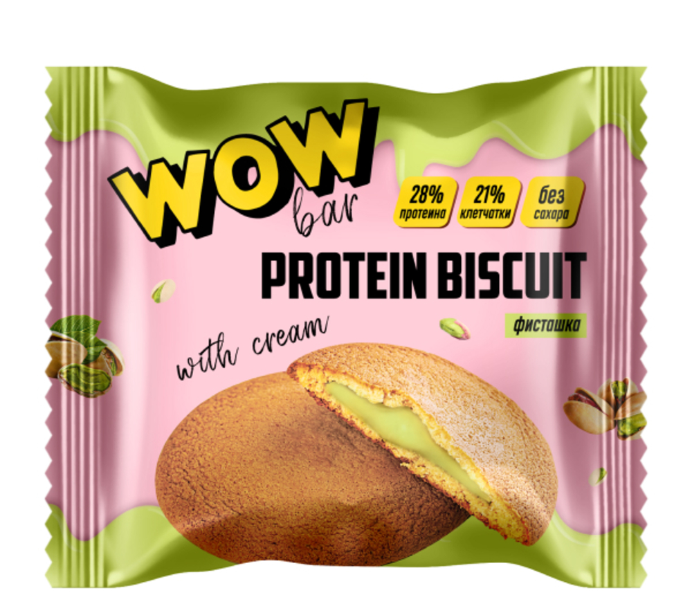 Протеиновое печенье Prime Kraft WOWBAR PROTEIN BISCUIT с кремовой начинкой со вкусом «Фисташка» 10 шт x 40 гр - фото 1