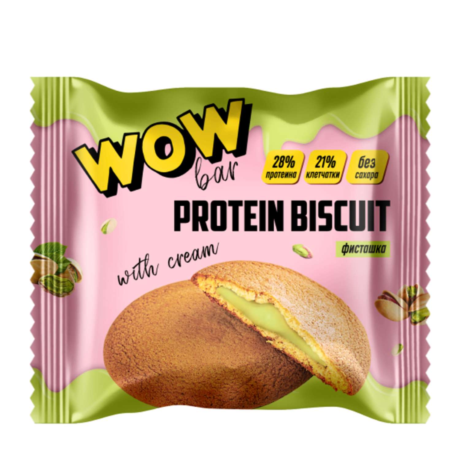 Протеиновое печенье Prime Kraft WOWBAR PROTEIN BISCUIT с кремовой начинкой со вкусом «Фисташка» 10 шт x 40 гр - фото 1