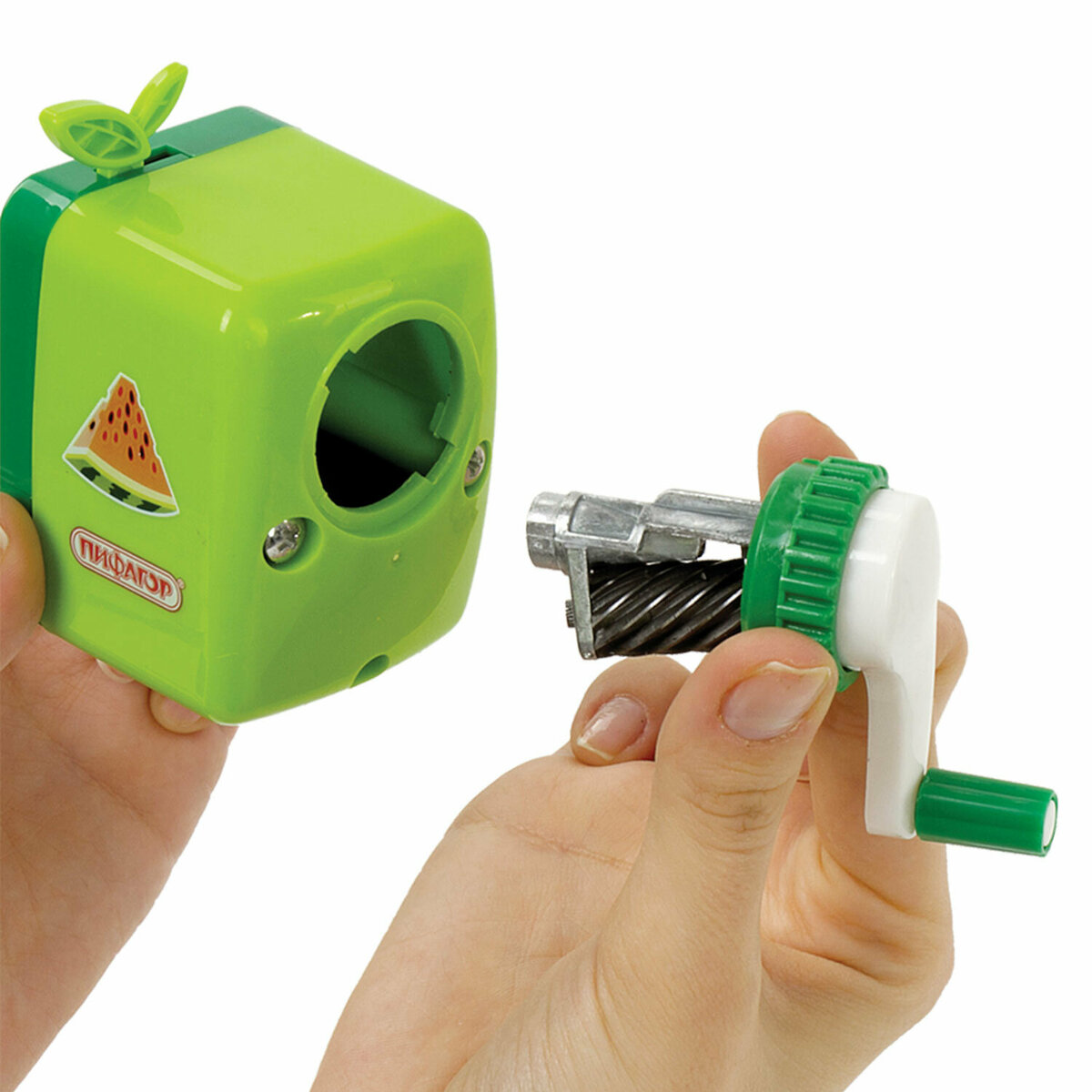 Точилка механическая Пифагор настольная для карандашей с контейнером для стружки зеленая с красным - фото 8