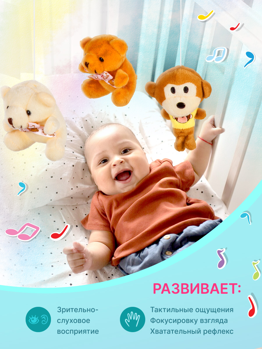 Мобиль на кроватку Mioshi с мягкими игрушками музыкальная заводная - фото 4