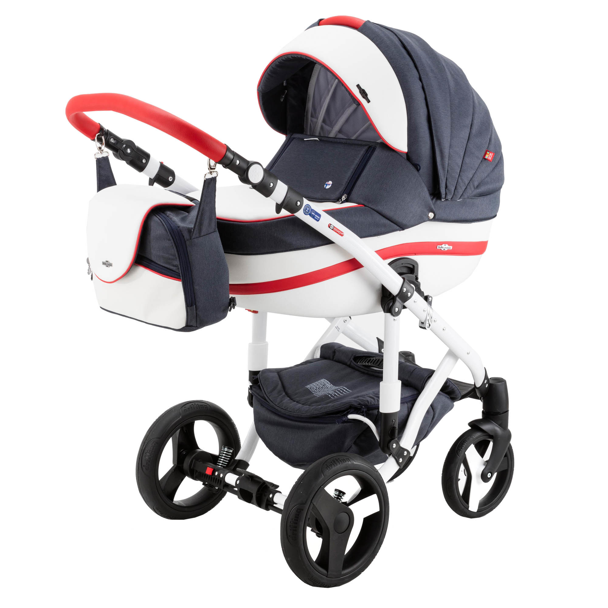 Коляска 3в1 BeBe-mobile Movo Standart R1 Синий+Белая кожа+Красная кожаная отделка - фото 1