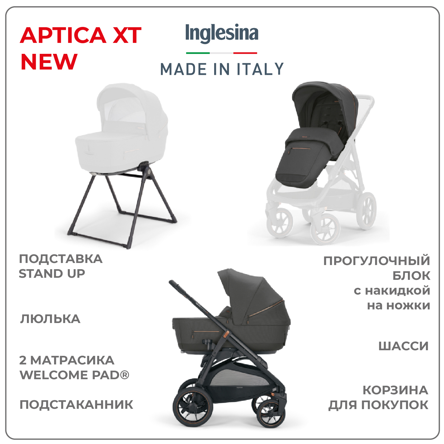 Коляска 2 в 1 INGLESINA Aptica XT New с подставкой под люльку Stand Up Magnet Grey - фото 2