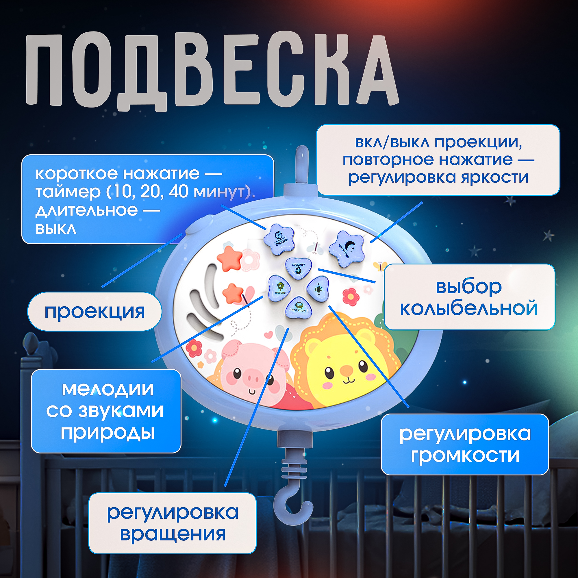 Мобиль на кроватку SHARKTOYS С проектором пультом управления Тимоша - фото 8