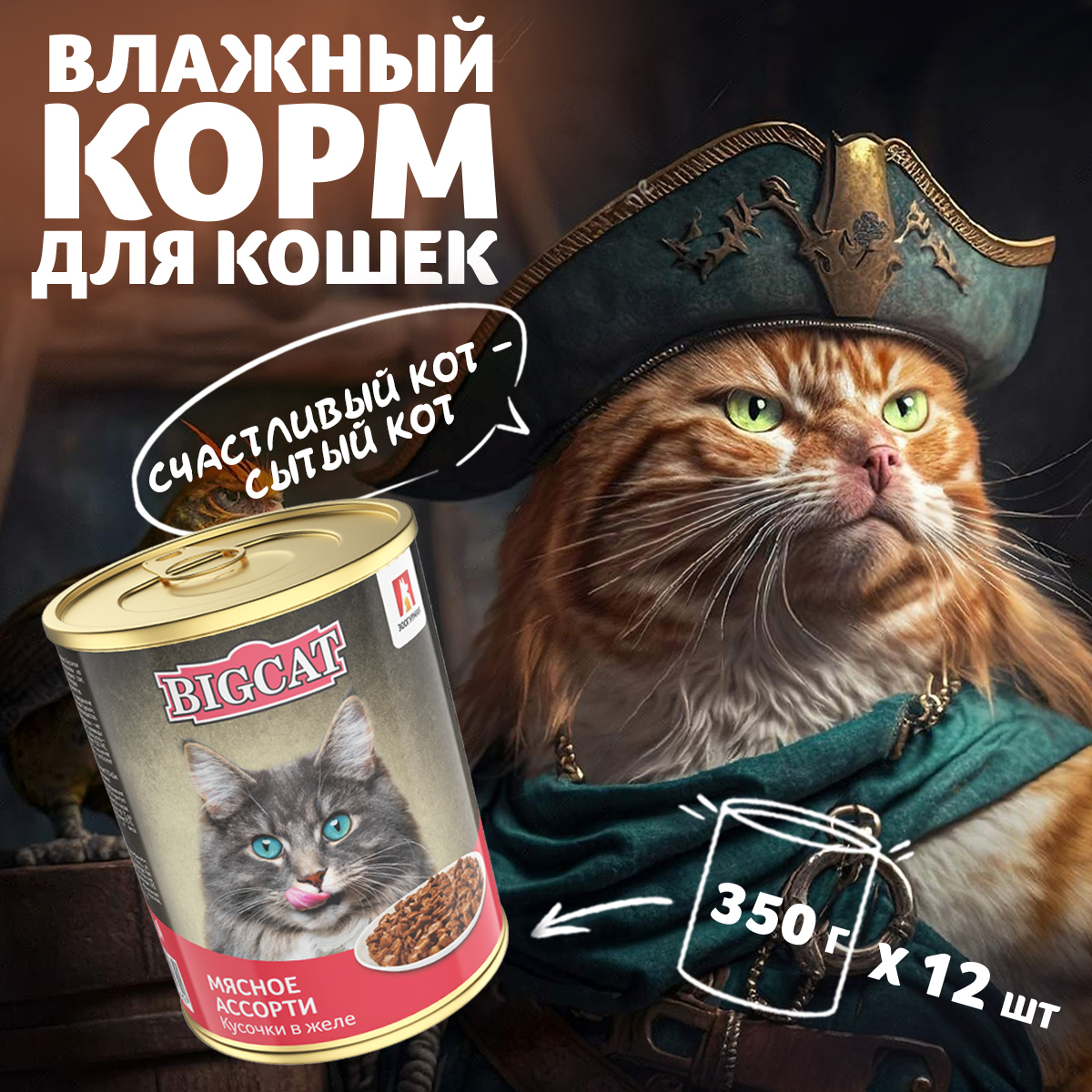 Корм влажный Зоогурман Big Cat Мясное ассорти Кусочки в желе жестяная банка 350 гр х 12 шт. - фото 1