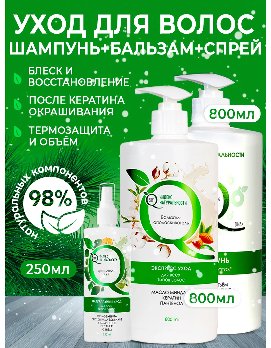 Набор для ухода за волосами Индекс Натуральности Шампунь 400 мл + Бальзам-ополаскиватель 400 мл + Спрей 5 в 1 250 мл - фото 1
