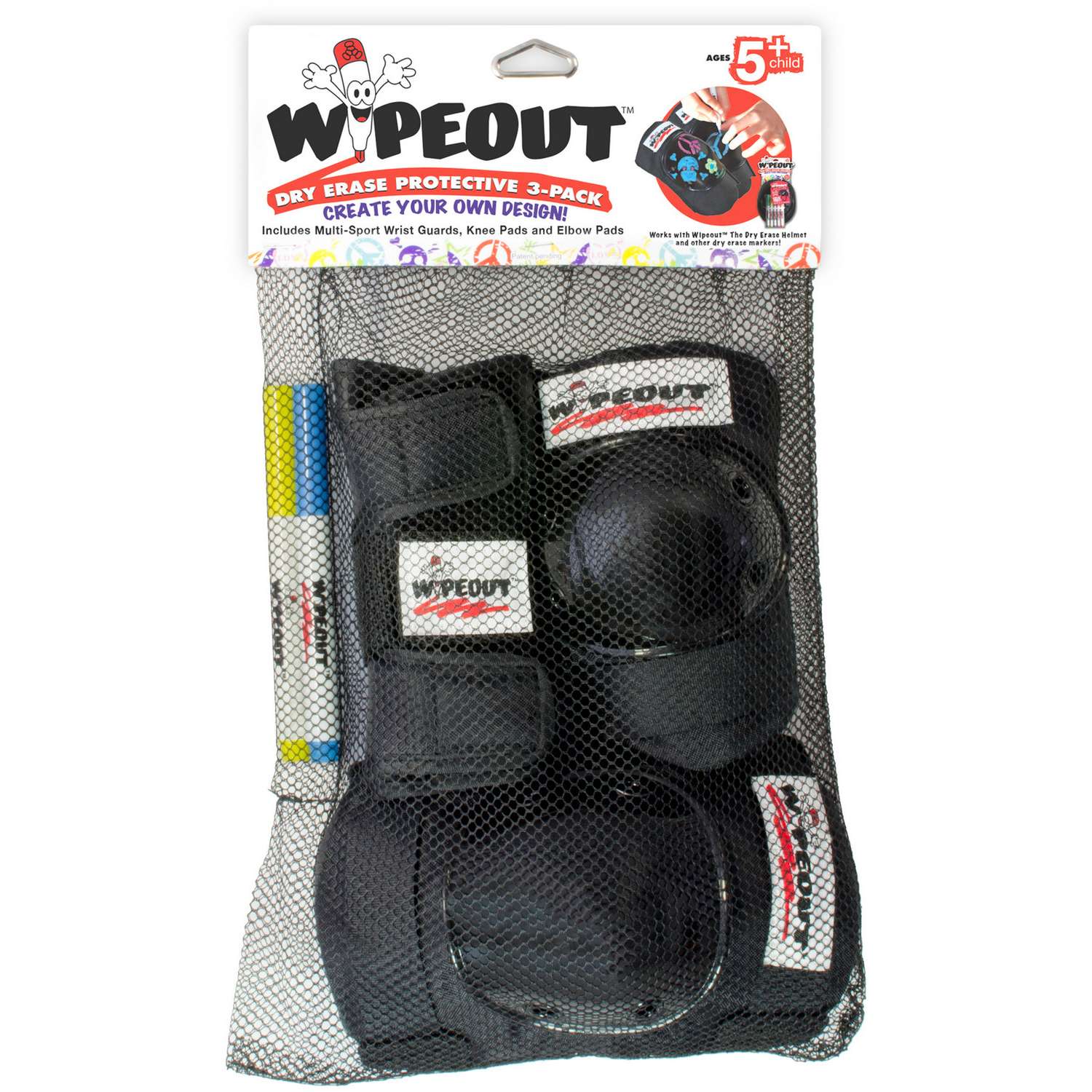 Комплект защиты 3-в-1 WIPEOUT Black чёрный - с фломастерами и трафаретами - наколенники / налокотники / защита запястья - фото 3