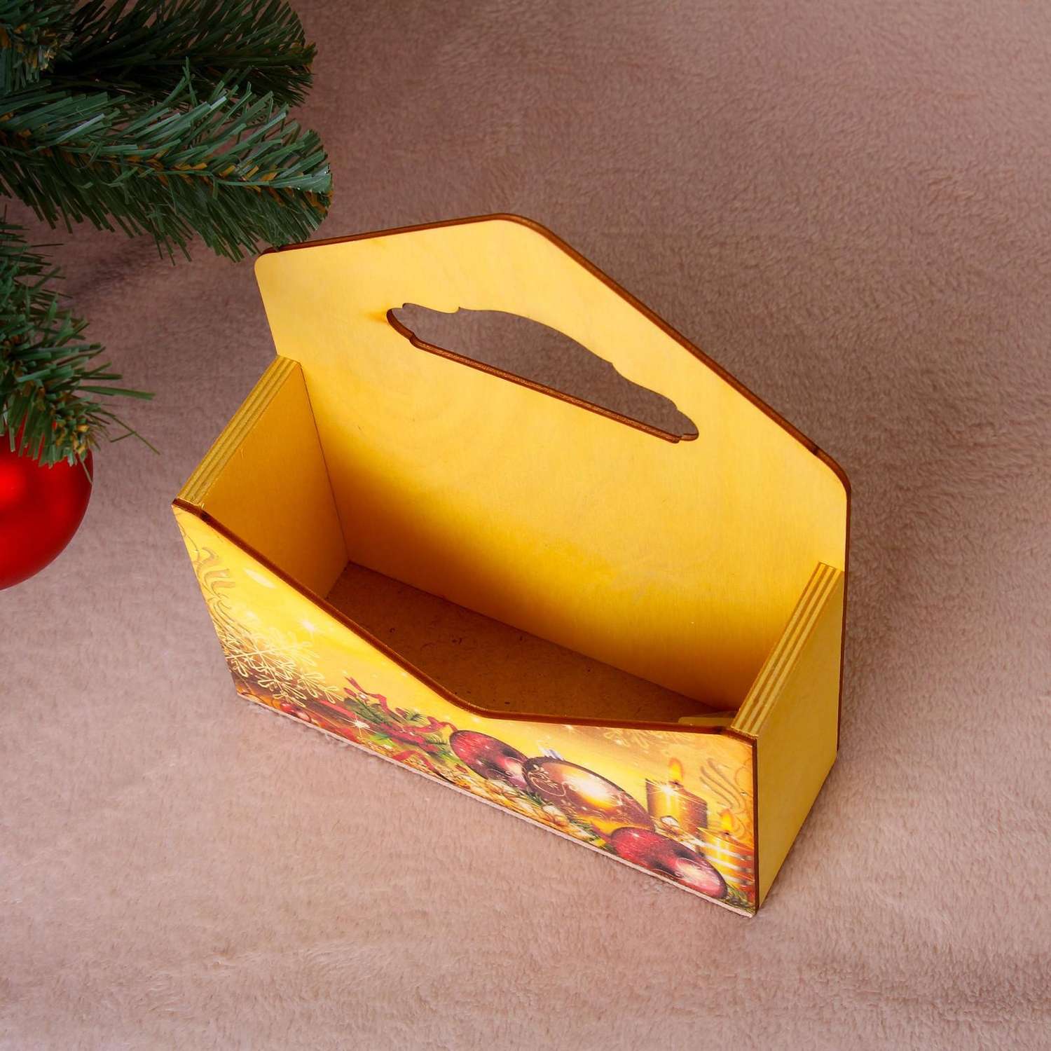 Кашпо Sima-Land деревянное «Конверт Новогодний №3» деревянная ручка жёлтое 20.5×18×6 см - фото 2