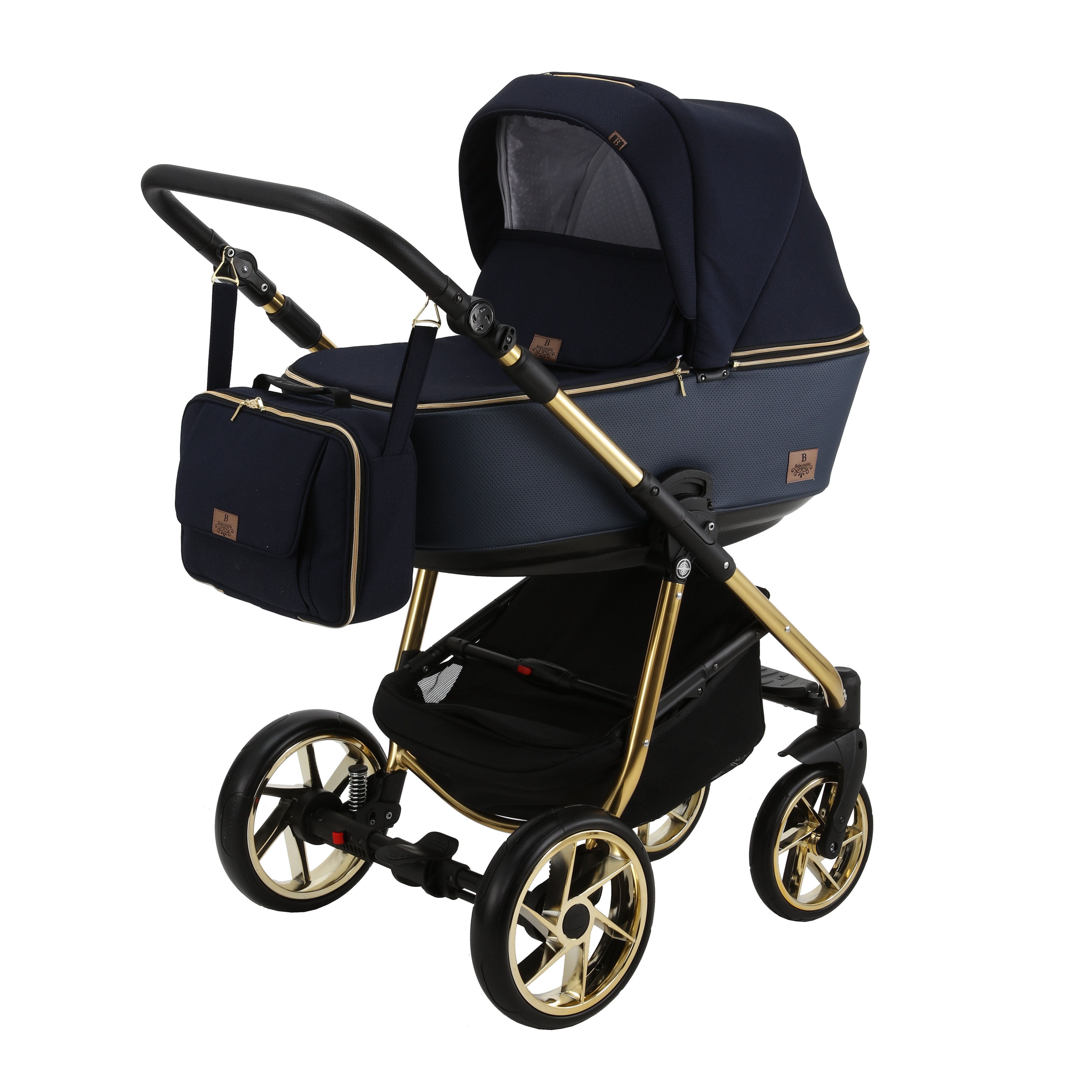 Коляска 2в1 BeBe-mobile Gusto SE GU204 Темно-синий-Темно-синяя перфорированная кожа-золотая рама - фото 1