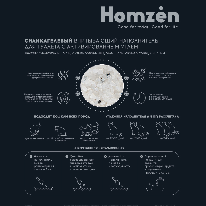 Наполнитель для кошачьего туалета Homzen силикагелевый с активированнным углем 1.5кг 3.8л - фото 4