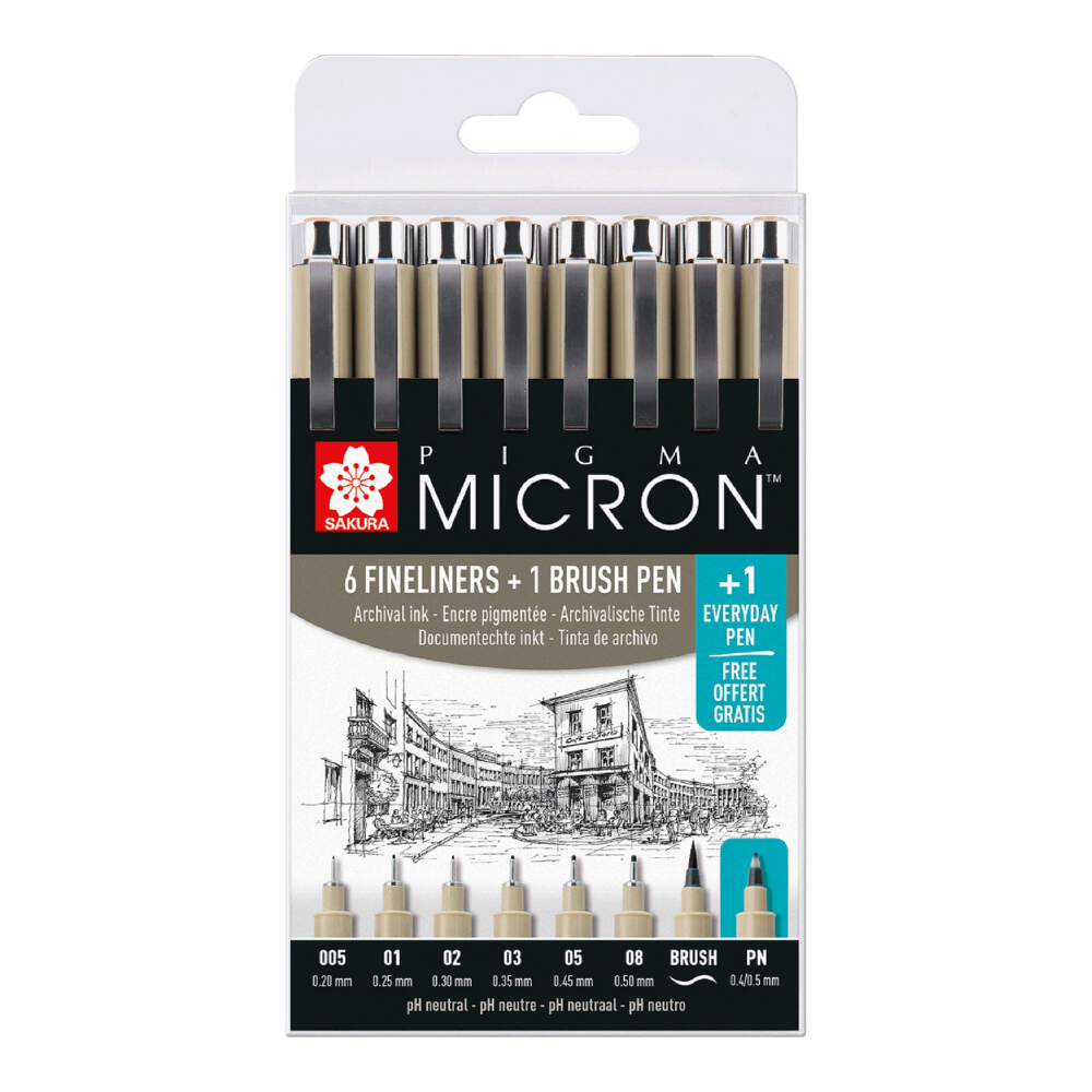 Набор черных капиллярных ручек SAKURA Pigma Micron 6 шутк + brush +PN - фото 1