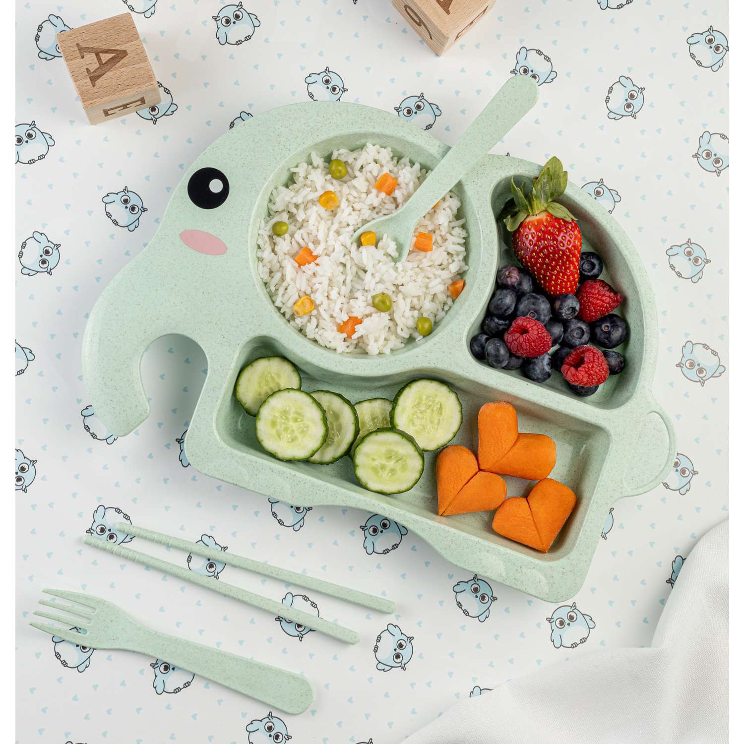 Набор детской посуды Добрый Филин Слоник зеленый 4 предмета - фото 1