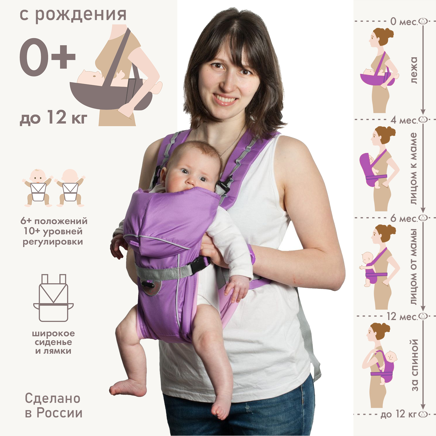 Рюкзак-кенгуру Чудо-чадо переноска для ребенка с 0 мес «‎BabyActive Simple» сиреневый - фото 4