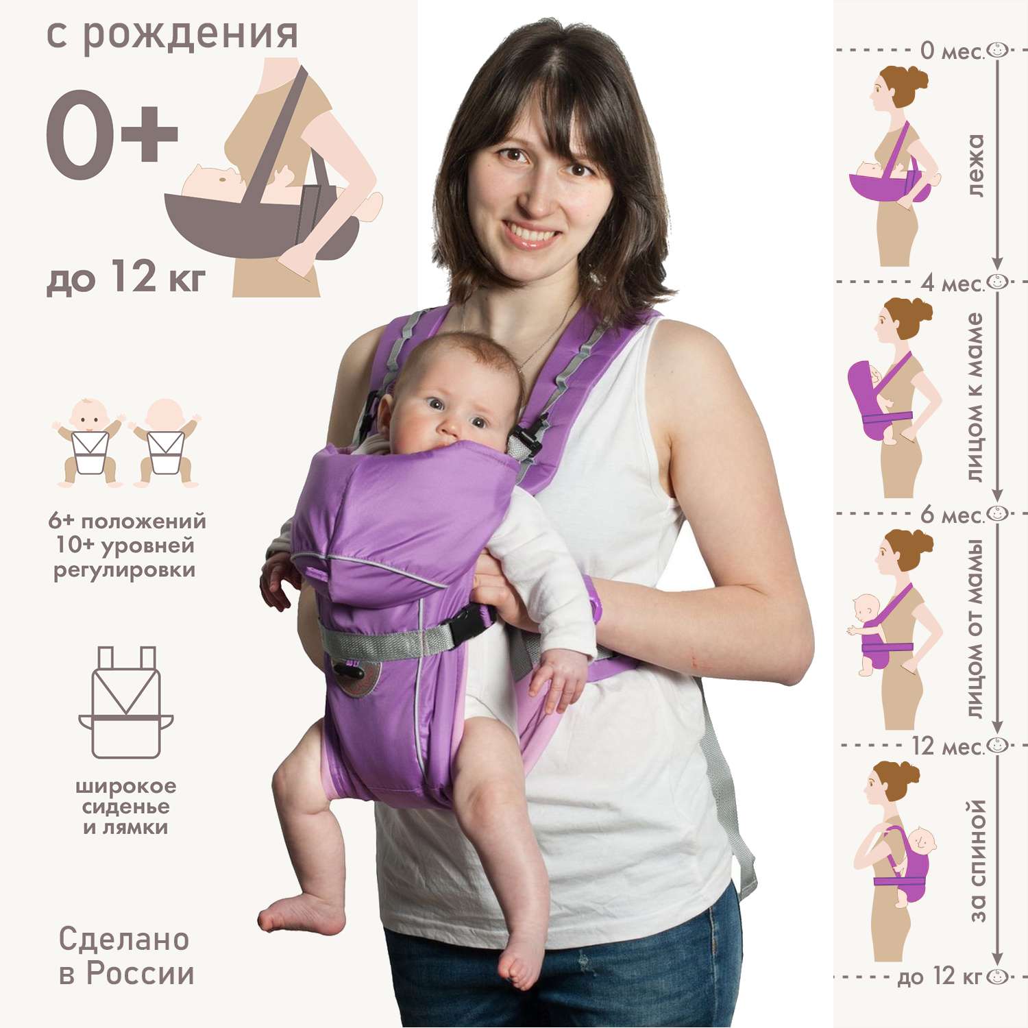 Рюкзак-кенгуру Чудо-чадо переноска для ребенка с 0 мес «‎BabyActive Simple» сиреневый - фото 3