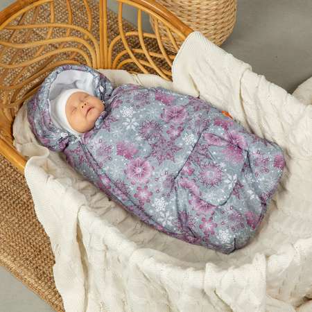 Конверт на выписку Чудо-чадо для новорожденного теплый флисовый «Chicky» серый/снежинки
