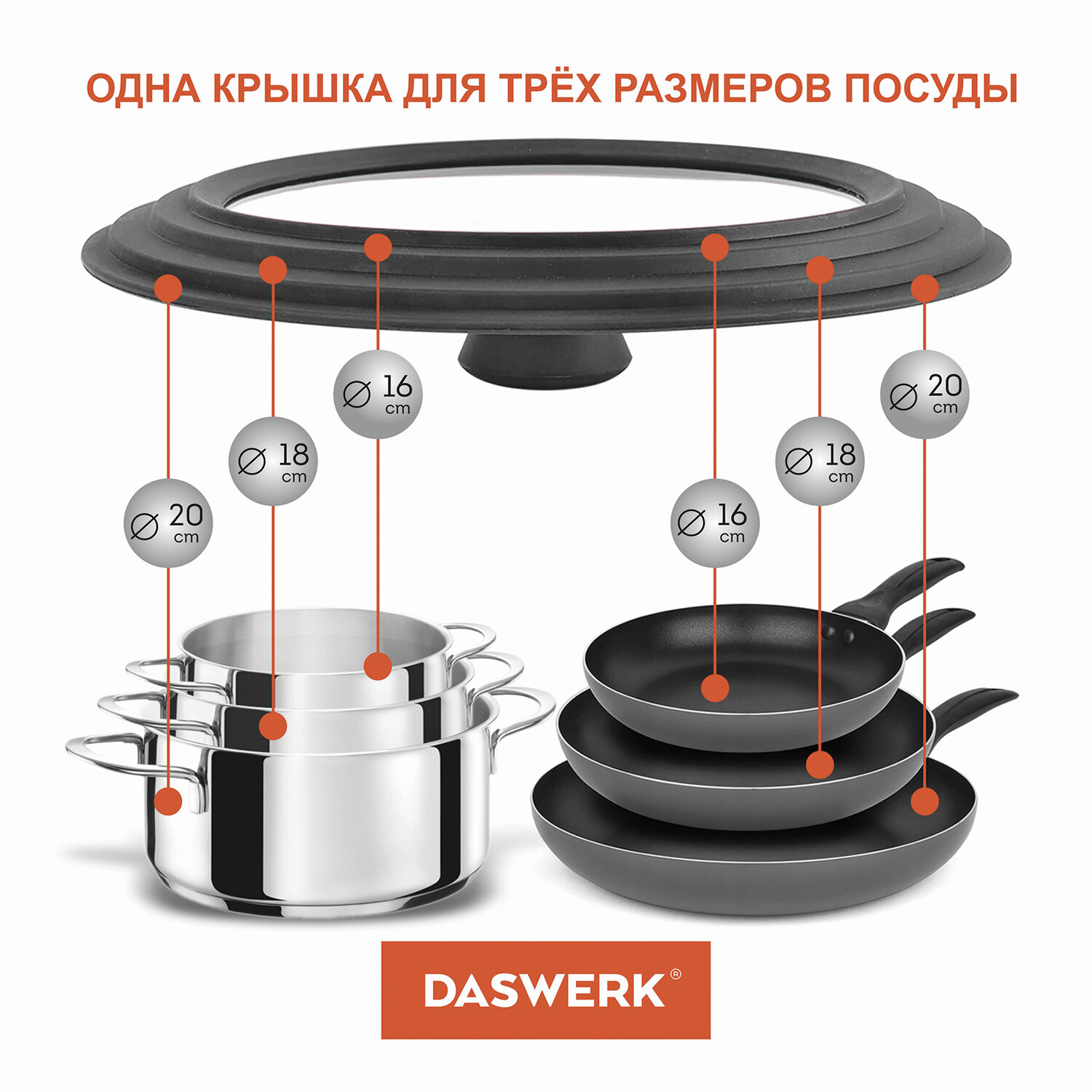 Крышка для сковороды DASWERK кастрюли посуды универсальная 3 размера 16-18-20см - фото 5