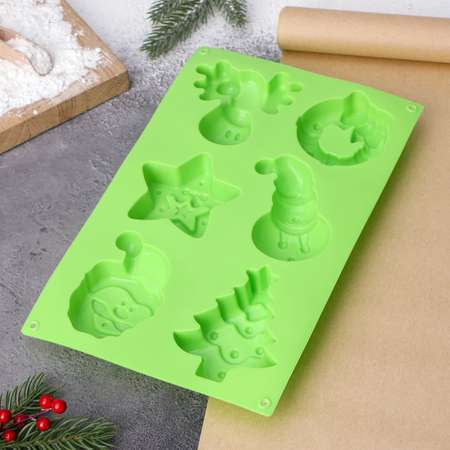 Форма Доляна силиконовая для выпечки «Новый год» 27×17×2 см 6 ячеек цвет зелёный