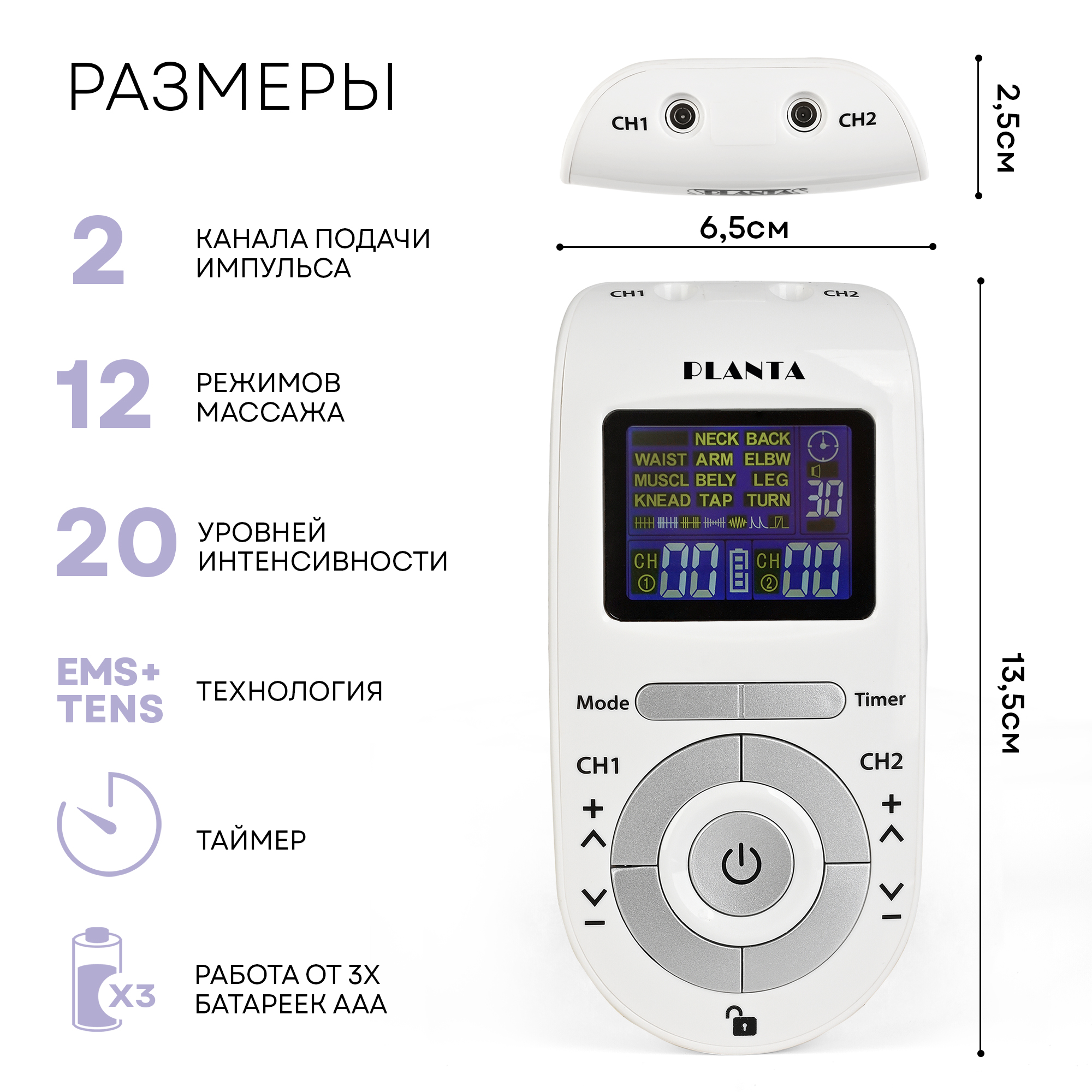 Миостимулятор Planta Массажер для тела EMS-300 2 канала 16 электродов EMS+TENS - фото 12