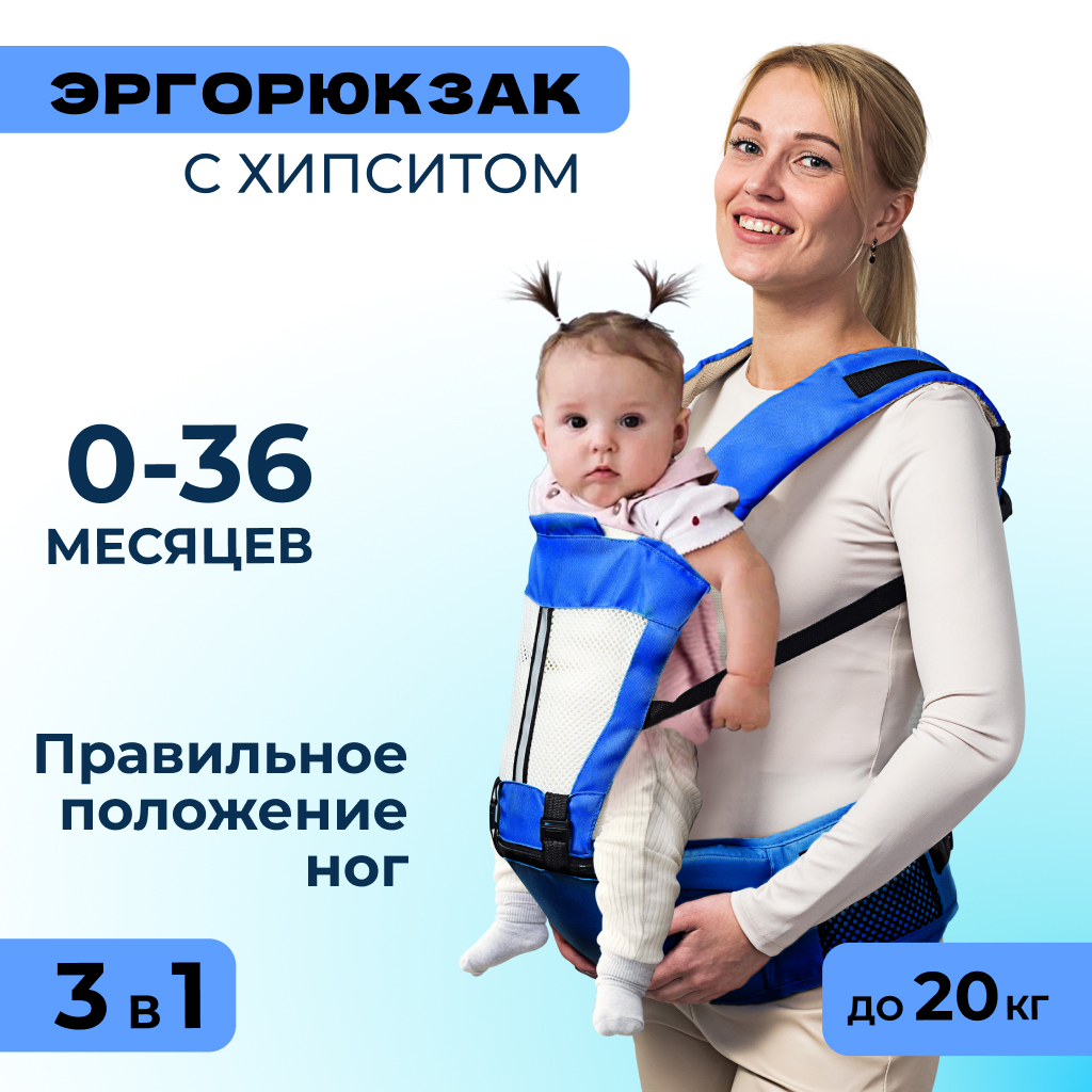 Хипсит 3 в 1 Solmax эргорюкзак-слинг и кенгуру переноска для новорожденных синий - фото 1