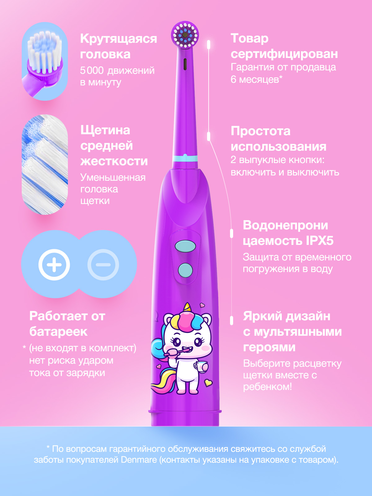 Электрическая зубная щётка DENMARE HL-248 Unicorn Фиолетовый - фото 4