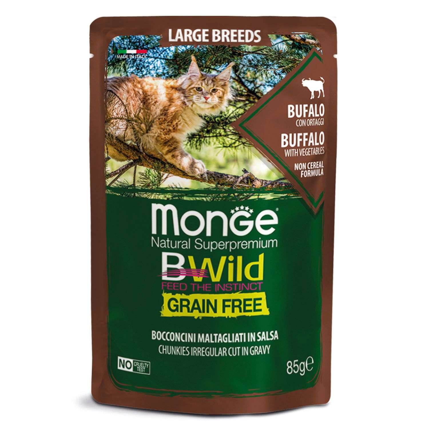 Корм для кошек MONGE Cat BWild Grain Free для крупных беззерновой из мяса буйвола с овощами пауч 85г - фото 1