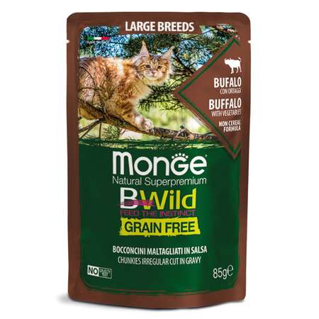 Корм для кошек MONGE Cat BWild Grain Free для крупных беззерновой из мяса буйвола с овощами пауч 85г