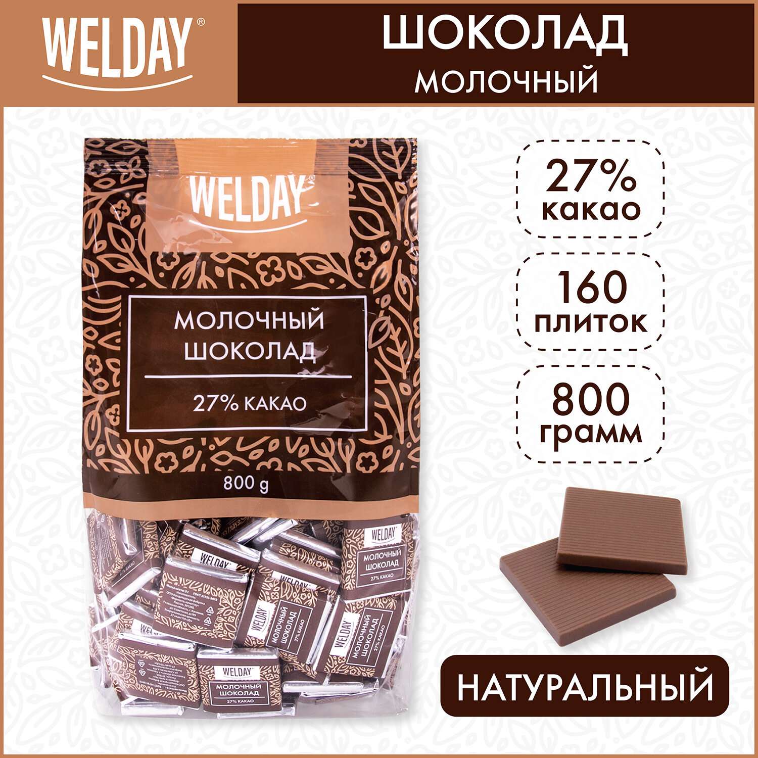 Шоколад порционный WELDAY плиточный молочный 160 плиток - фото 1