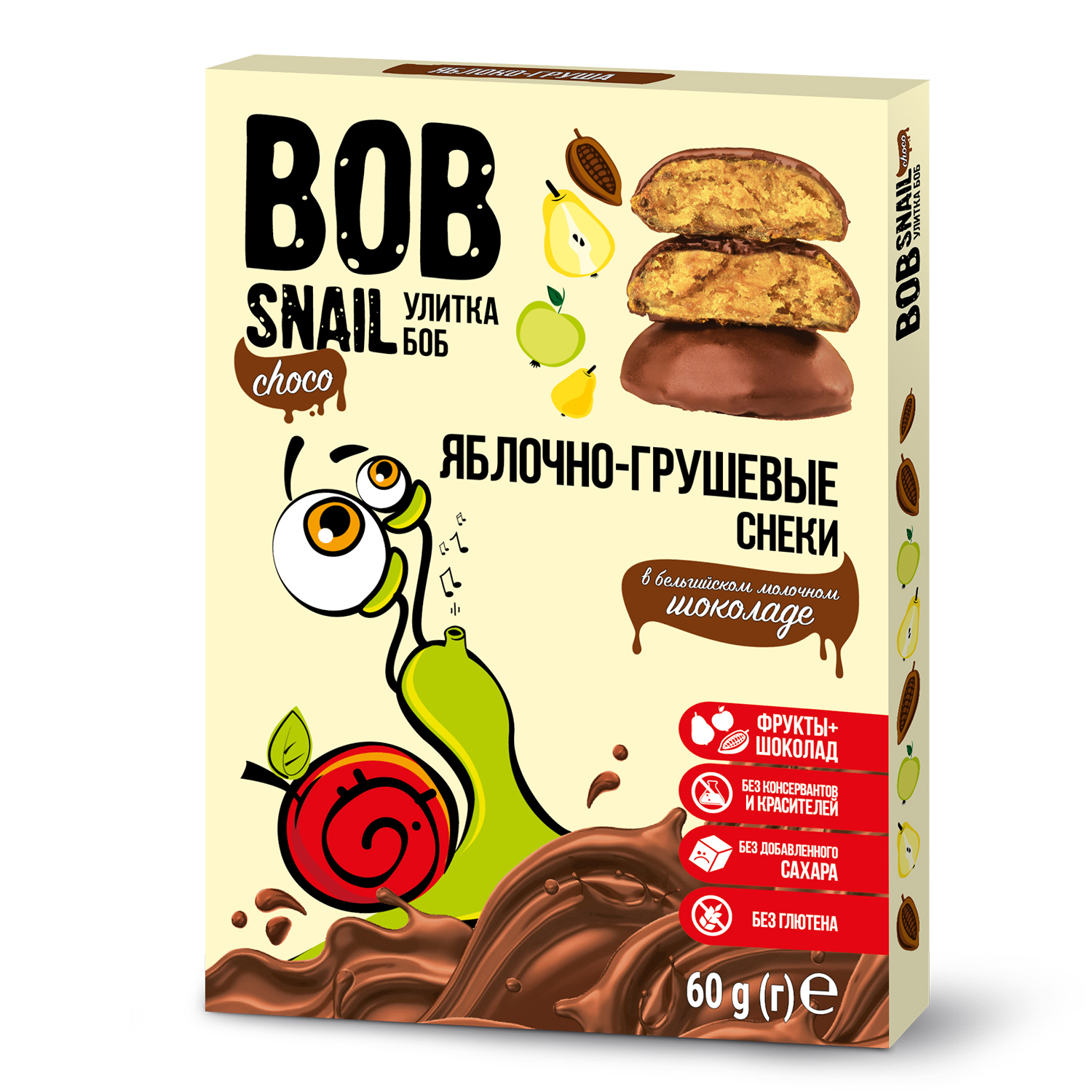 Снек Bob Snail Фруктовый яблочно-грушевый в молочном бельгийском шоколаде без добавленного сахара 60г - фото 1