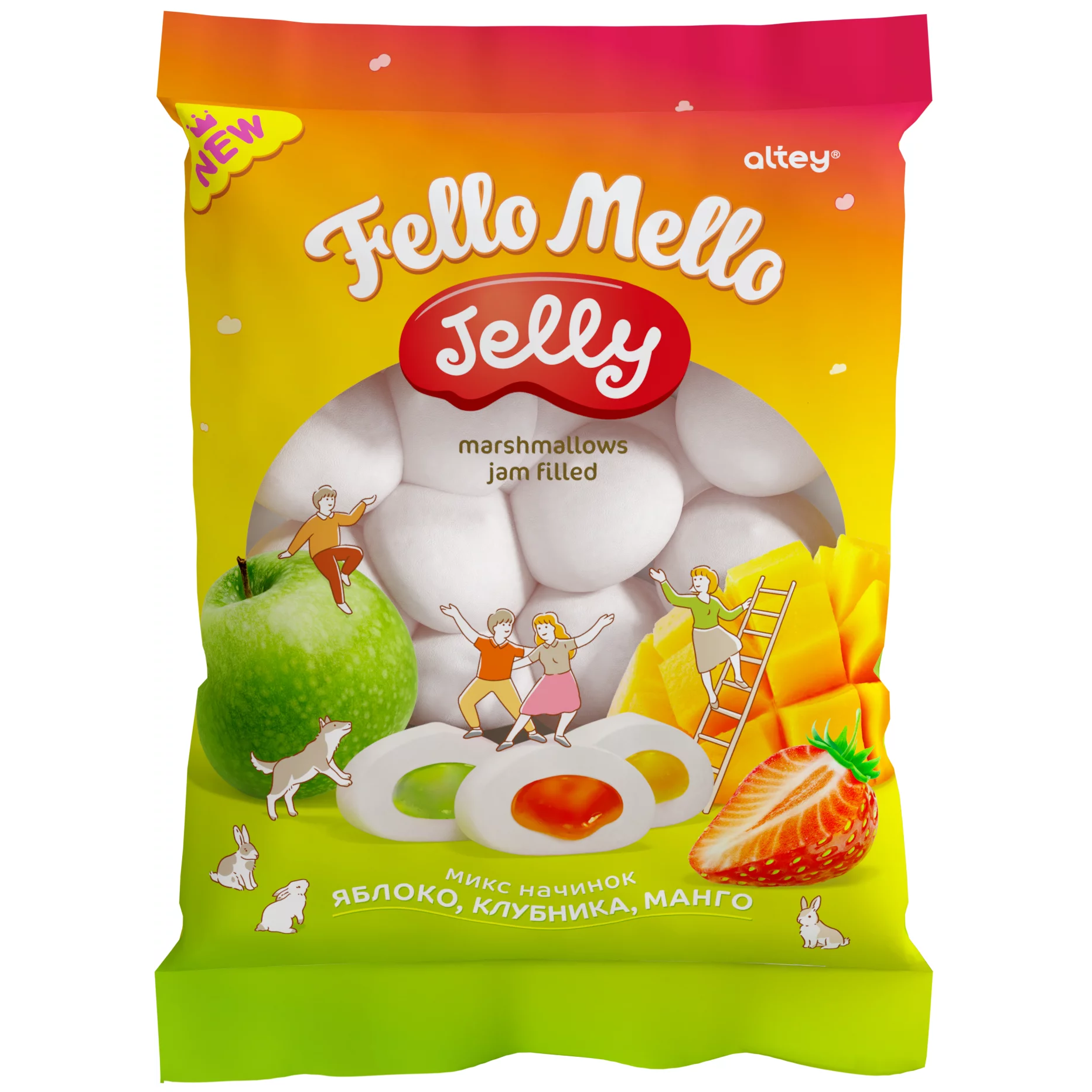 Маршмеллоу FELLO MELLO Жевательный зефир с начинкой со вкусом манго клубники яблока 55 г - фото 1