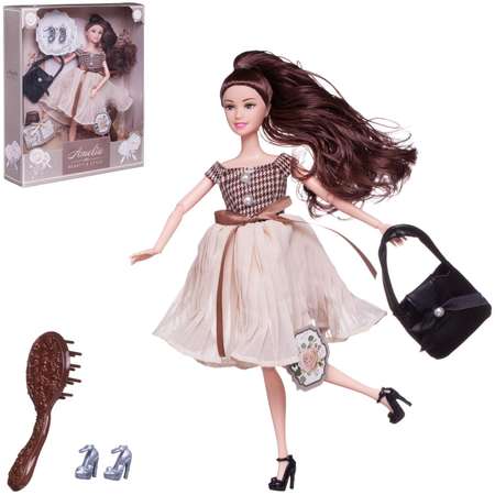 Кукла ABTOYS Современный шикв платье с плиссированной юбкой черная сумка темные волосы 30см
