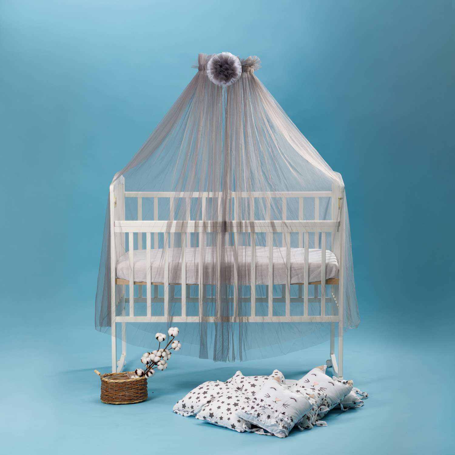 Набор для кроватки BABY STYLE балдахин серый цветок и кронштейн - фото 1