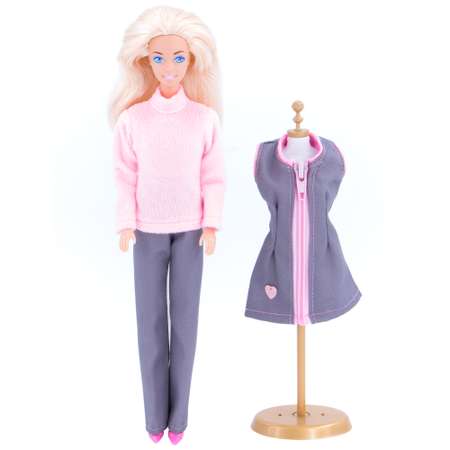 Набор одежды Модница для куклы 29 см: сарафан брюки бадлон и туфли 7777 серый-розовый