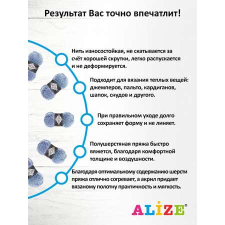 Пряжа Alize теплая для вязания одежды Superlana Midi 100 гр 170 м 5 мотков 806 синий жаспе