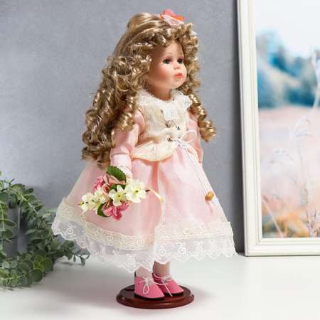 Кукла коллекционная Зимнее волшебство керамика «Машенька в нежно-розовом платье с букетом» 37 см