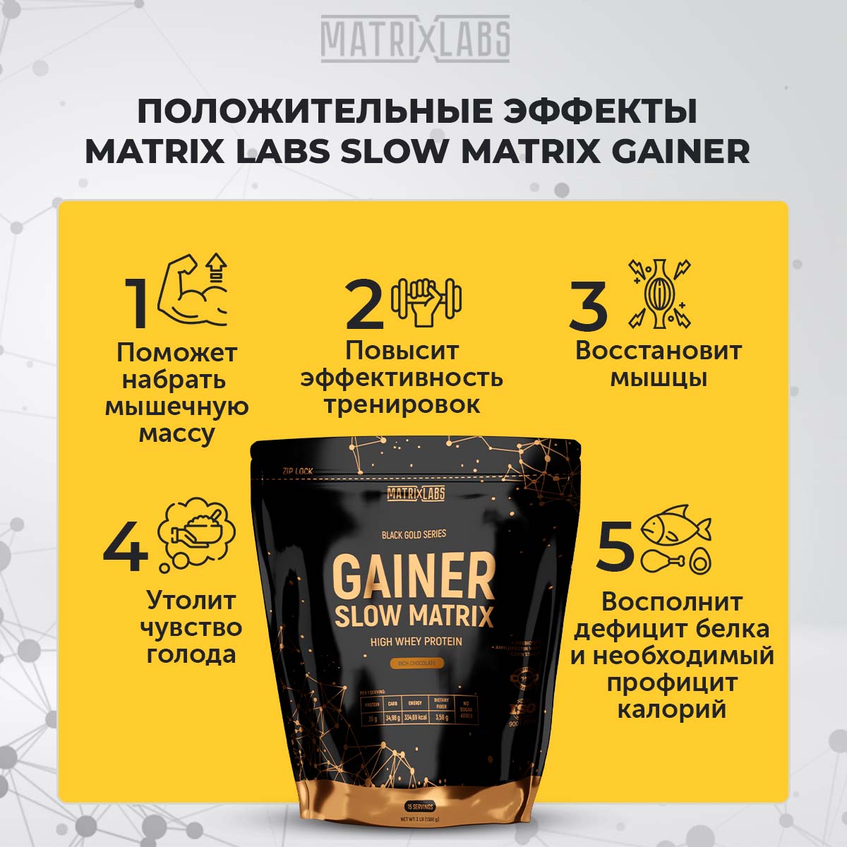 Гейнер 1360 г шоколад Matrix Labs Гейнер 1360 г со вкусом шоколада - фото 3