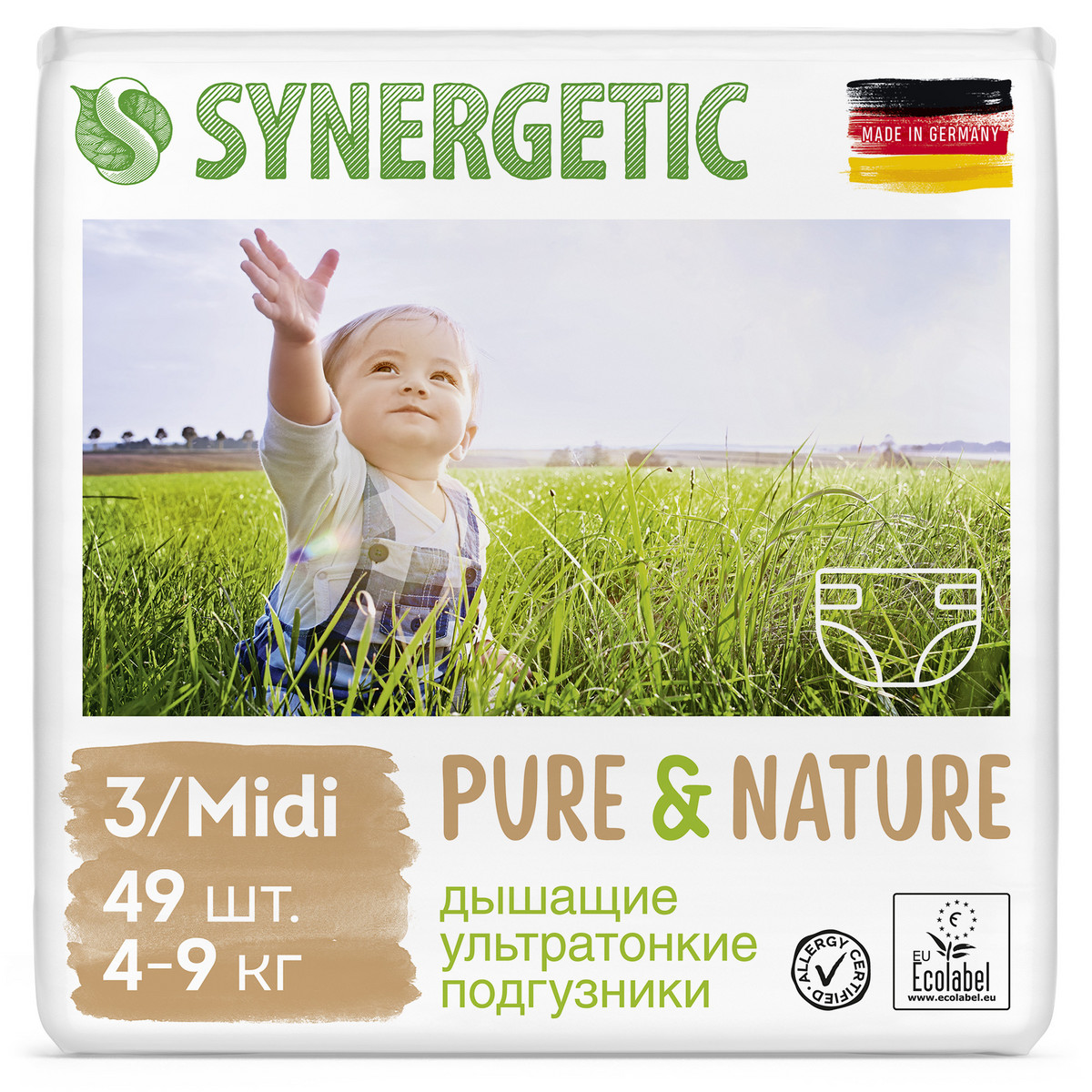 Подгузники SYNERGETIC Pure Nature от 4 до 9 кг размер 3 Midi ультратонкие 49 шт - фото 1