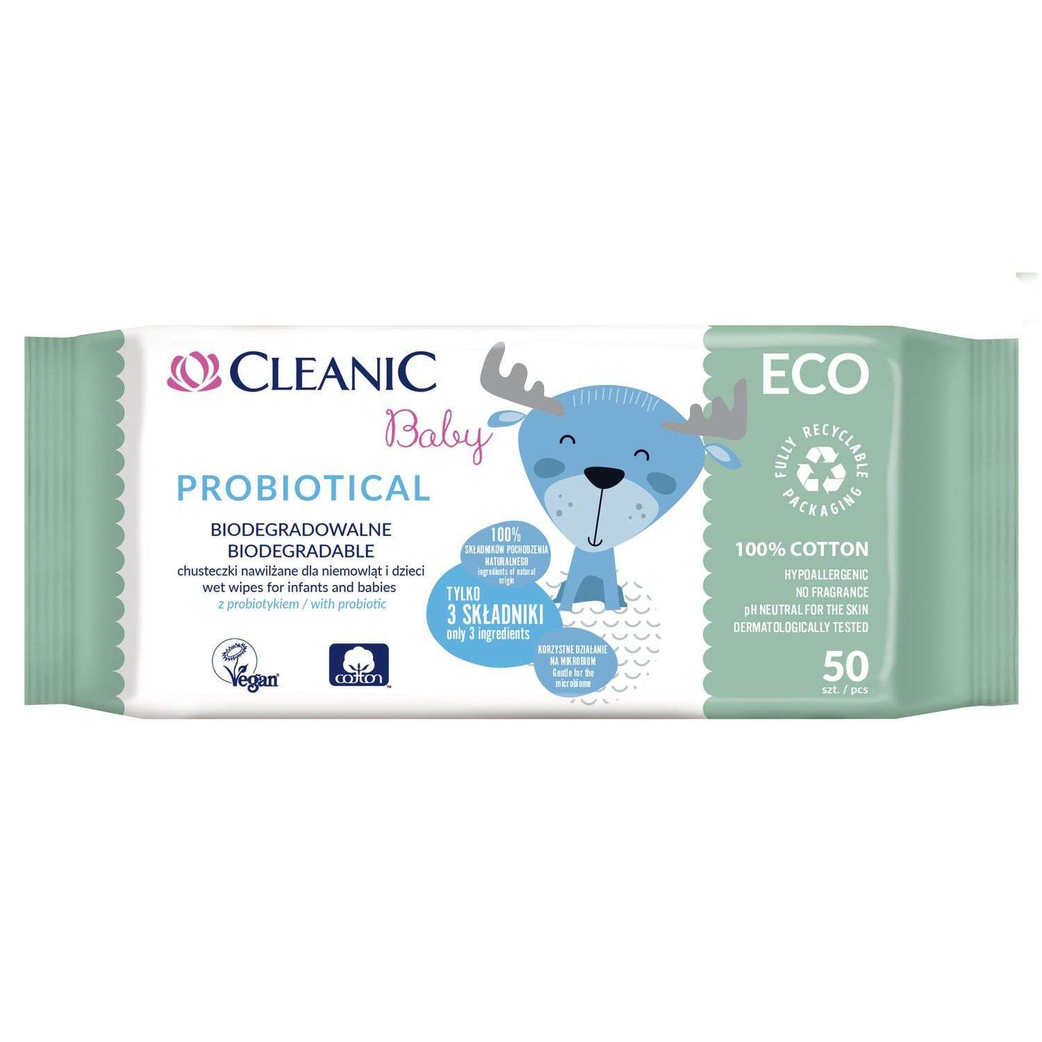 Салфетки влажные Cleanic Eco baby Probiotical 50шт с 0месяцев - фото 1