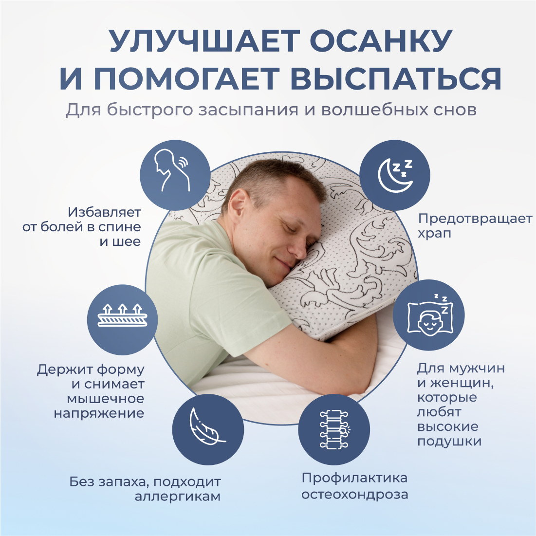 Анатомическая подушка Asvetida solido 50*70 c эффектом памяти Memory Foam - фото 4