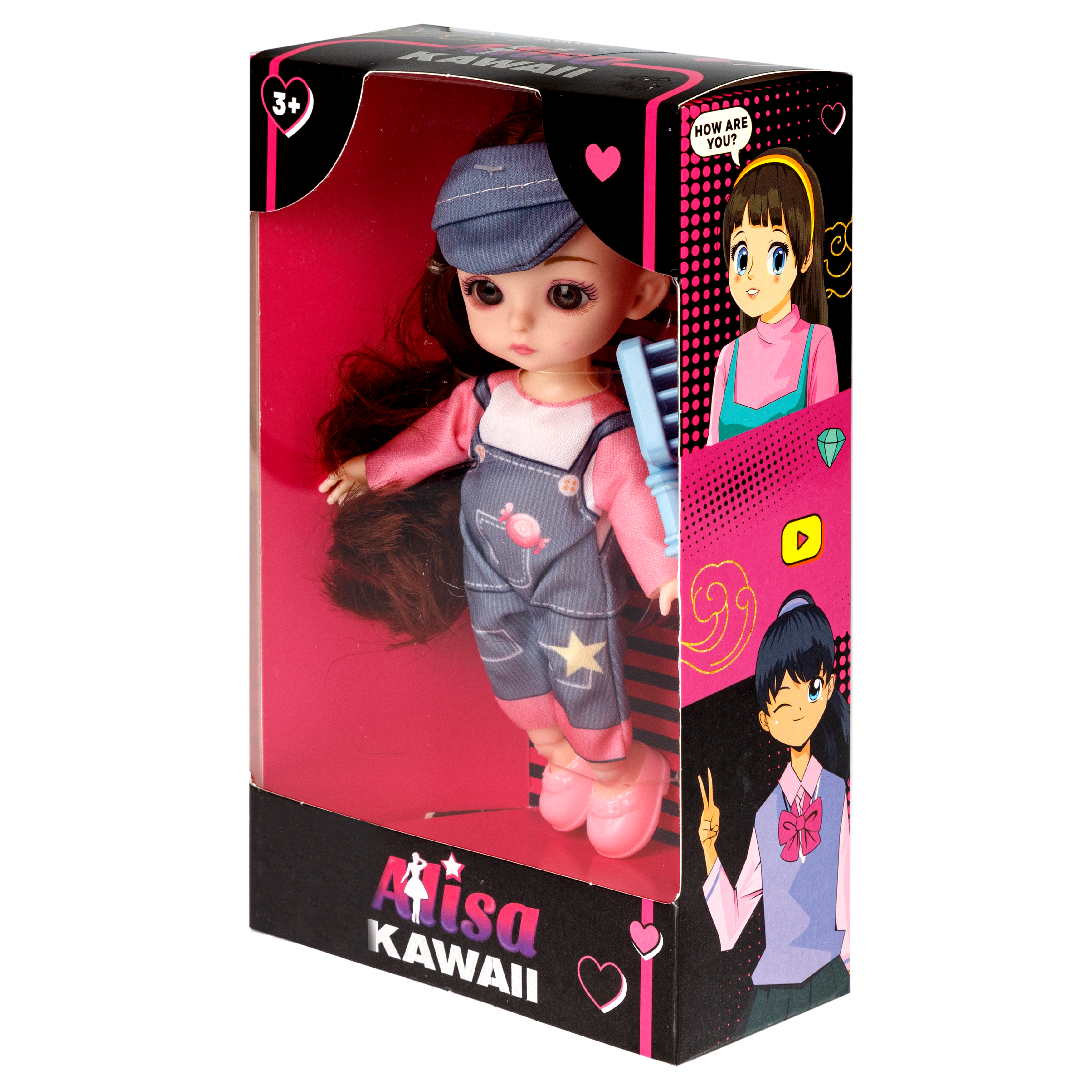 Кукла шарнирная 15 см 1TOY Alisa Kawaii mini с расчёской длинные темные волосы в серой кепке Т24349 - фото 16