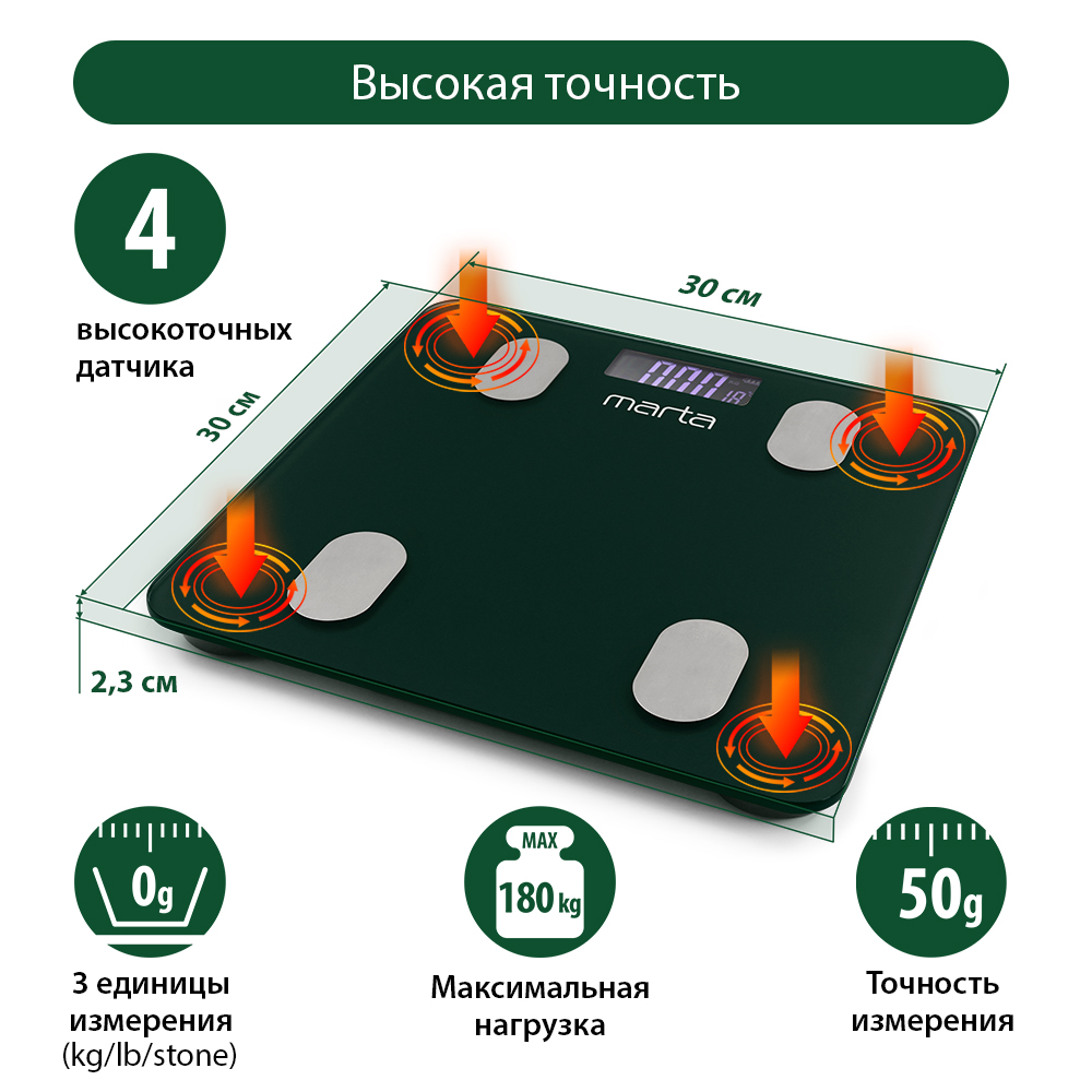 Весы напольные MARTA MT-1607 LCD диагностические умные с Bluetooth темный хризолит - фото 11