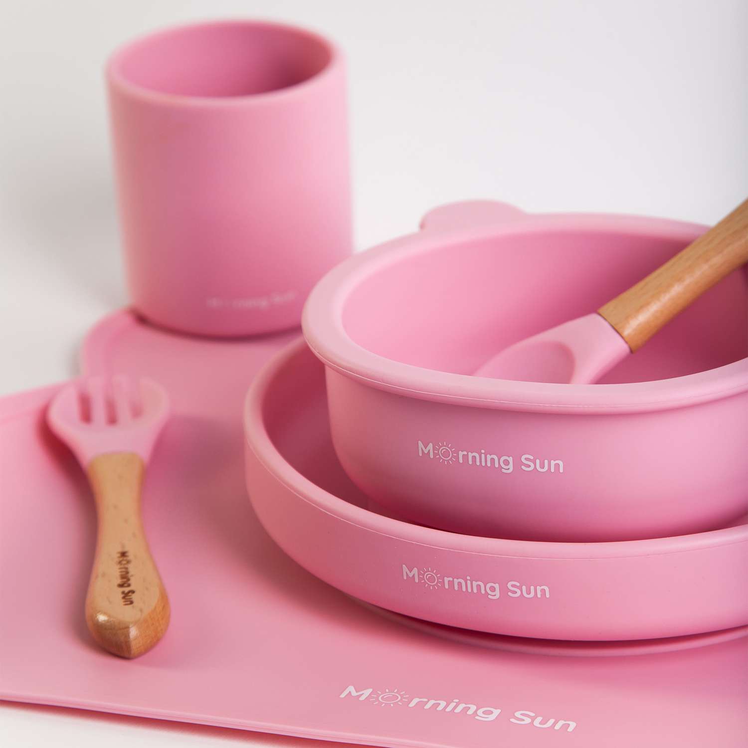 Набор детской посуды Morning Sun Силиконовый 7 предмета розовый с ковриком - фото 2