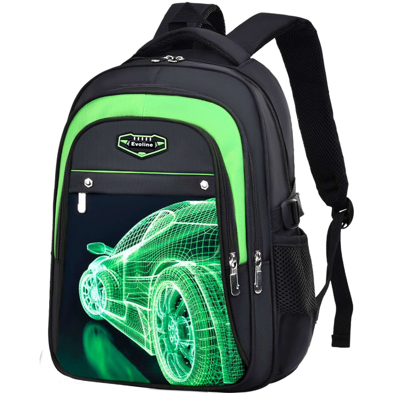 рюкзак школьный Evoline Черный гоночная зеленая машина вид сзади 45 см спинка EVO-CAR-5-45 - фото 1